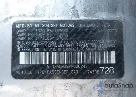 2023 Mitsubishi Mirage Es/Le z USA, uszkodzony, nr VIN ML32AUHJ9PH006243